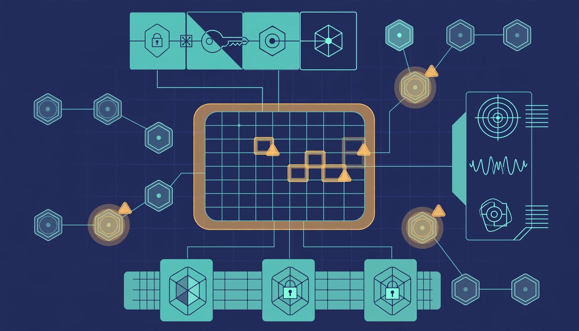 Technical diagram showing interconnected nodes, control layers, and a central grid on a dark background.