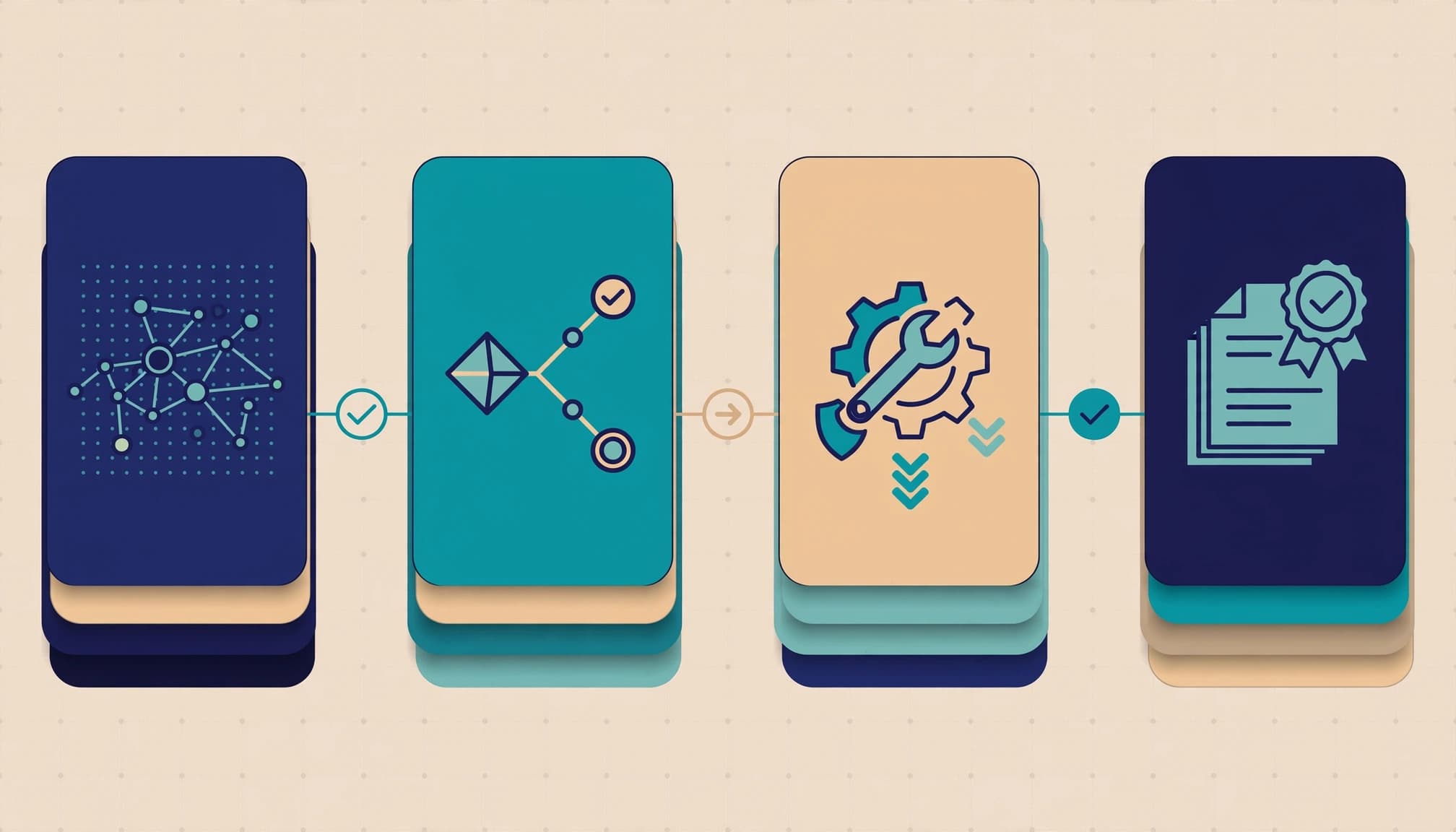 An editorial vector illustration showing four sequential layered cards with icons representing a process flow.