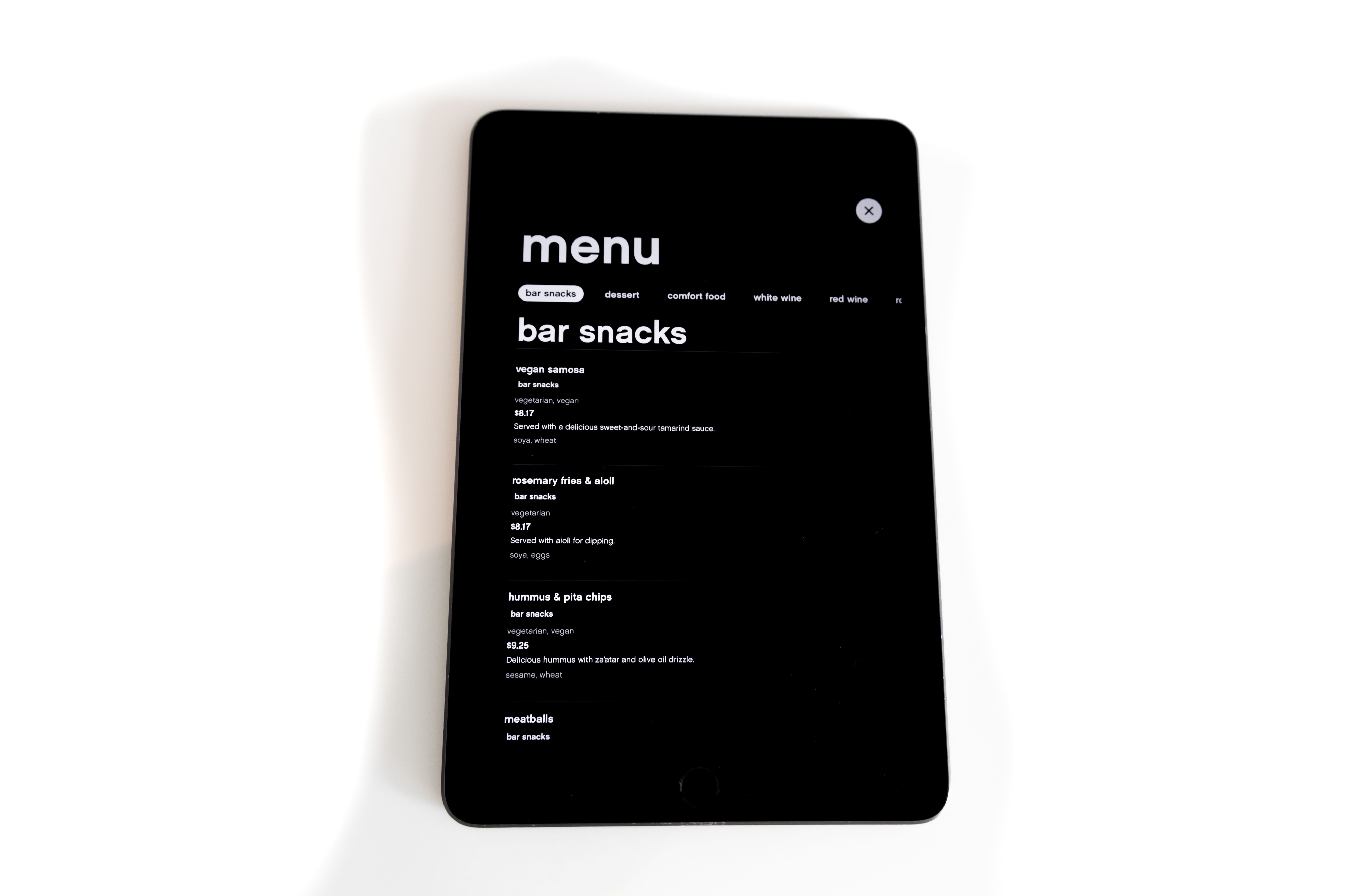 Tablet with a modern digital bar snacks menu