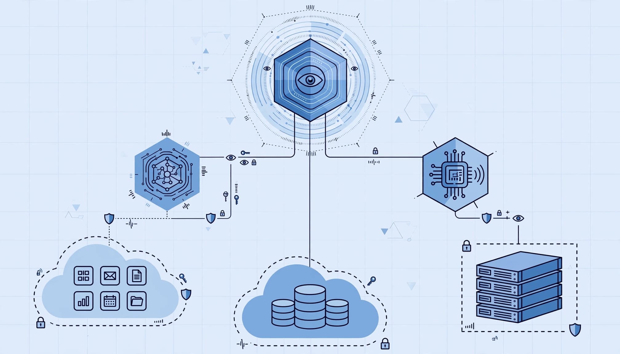 A blue technical diagram illustrating a governance control plane, AI agents, cloud environments, and data servers.