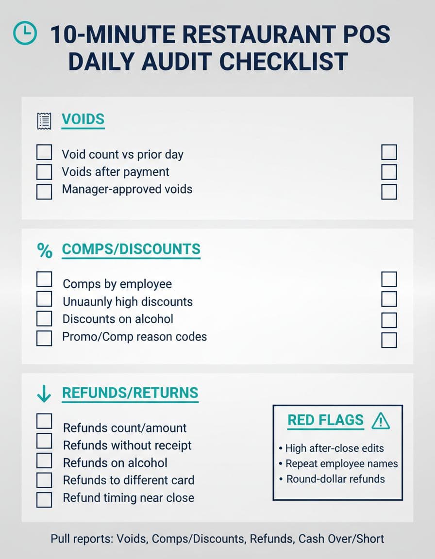 A clean, printable one-page infographic for restaurant managers, featuring a quick 10-minute daily audit checklist for POS systems with sections on Voids, Comps/Discounts, Refunds/Returns, red flags, and reporting notes in a modern flat design.