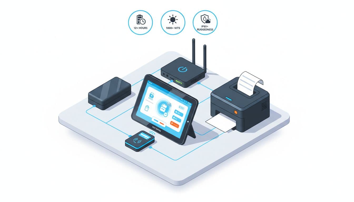 Infographic-style illustration of rugged food truck POS hardware components laid out on a counter, including a bright rugged tablet, thermal printer, contactless reader, battery pack, and dual-SIM router.