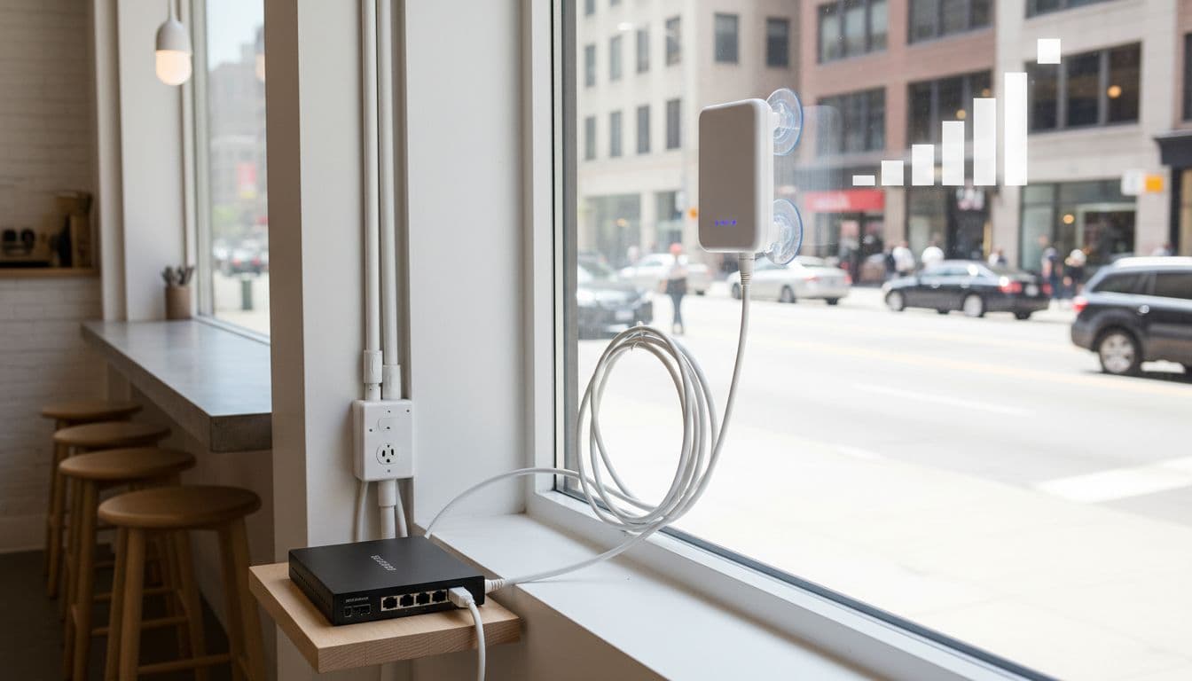 Close-up of 5G cellular router and external antenna on restaurant window sill with strong signal overlay and neat cable setup to dual WAN router.