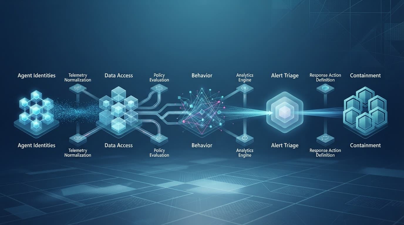 Blue security pipeline showing agent telemetry moving from identity checks to containment.