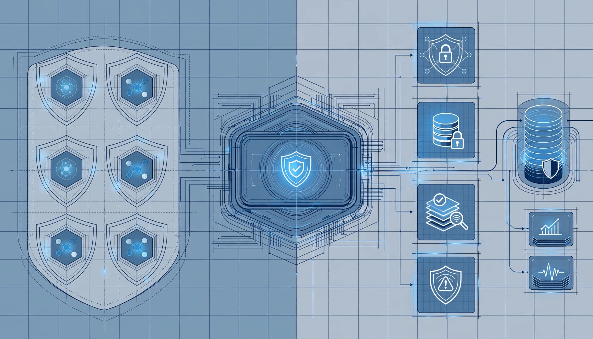 Abstract agent nodes connect through a central governance layer to protected data and audit controls.