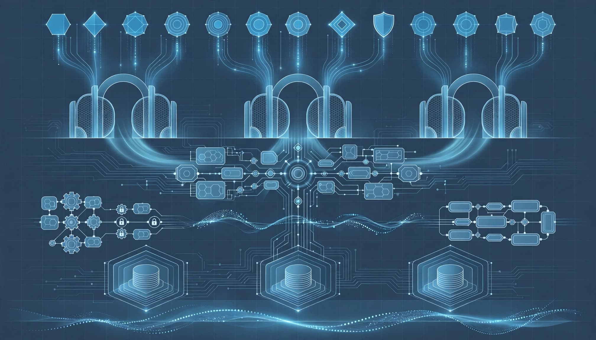 Layered diagram showing agents moving through policy gates toward tools, data, and audit controls.