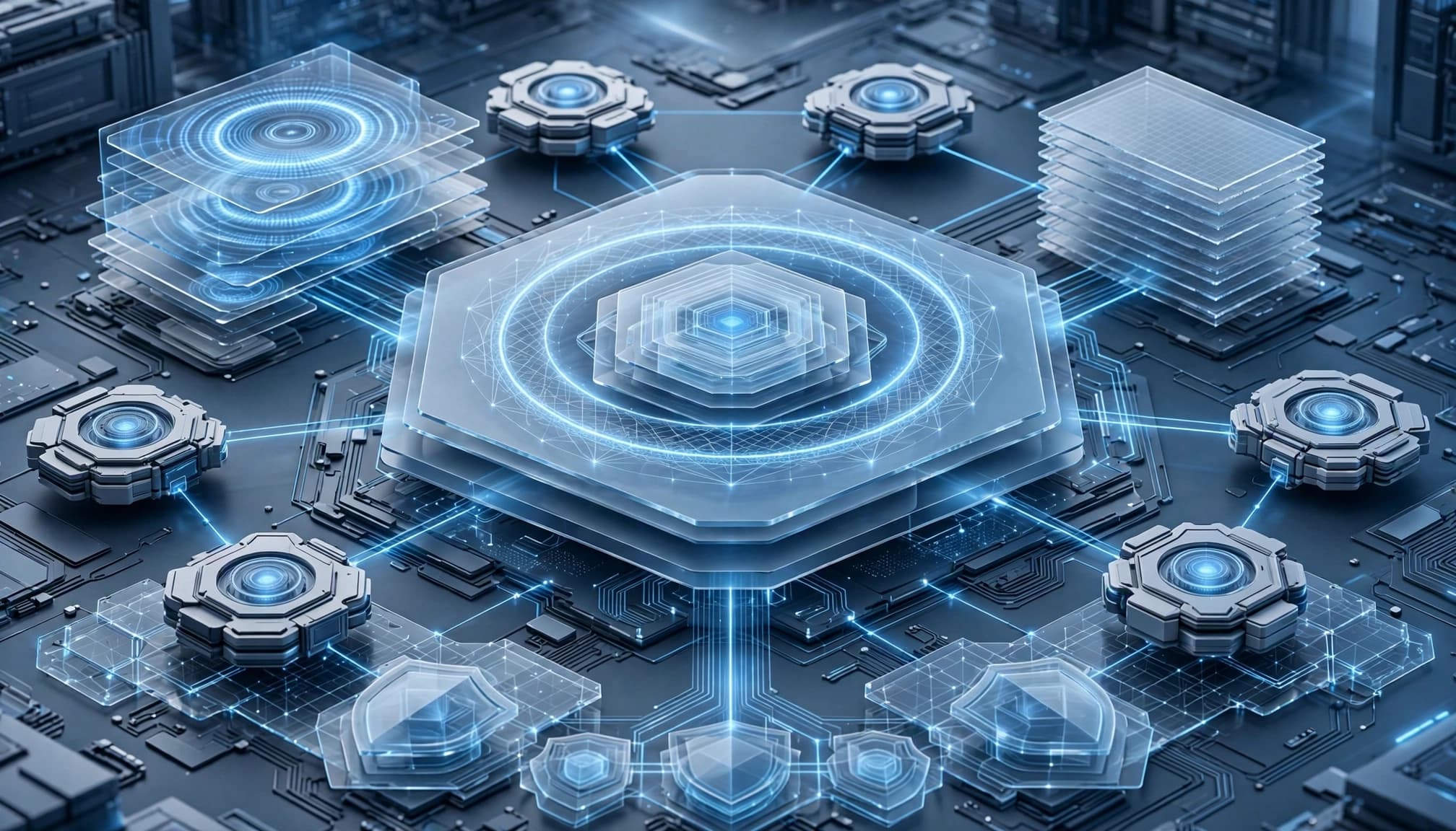 Layered security panels govern separate abstract agent nodes in a blue enterprise control architecture.