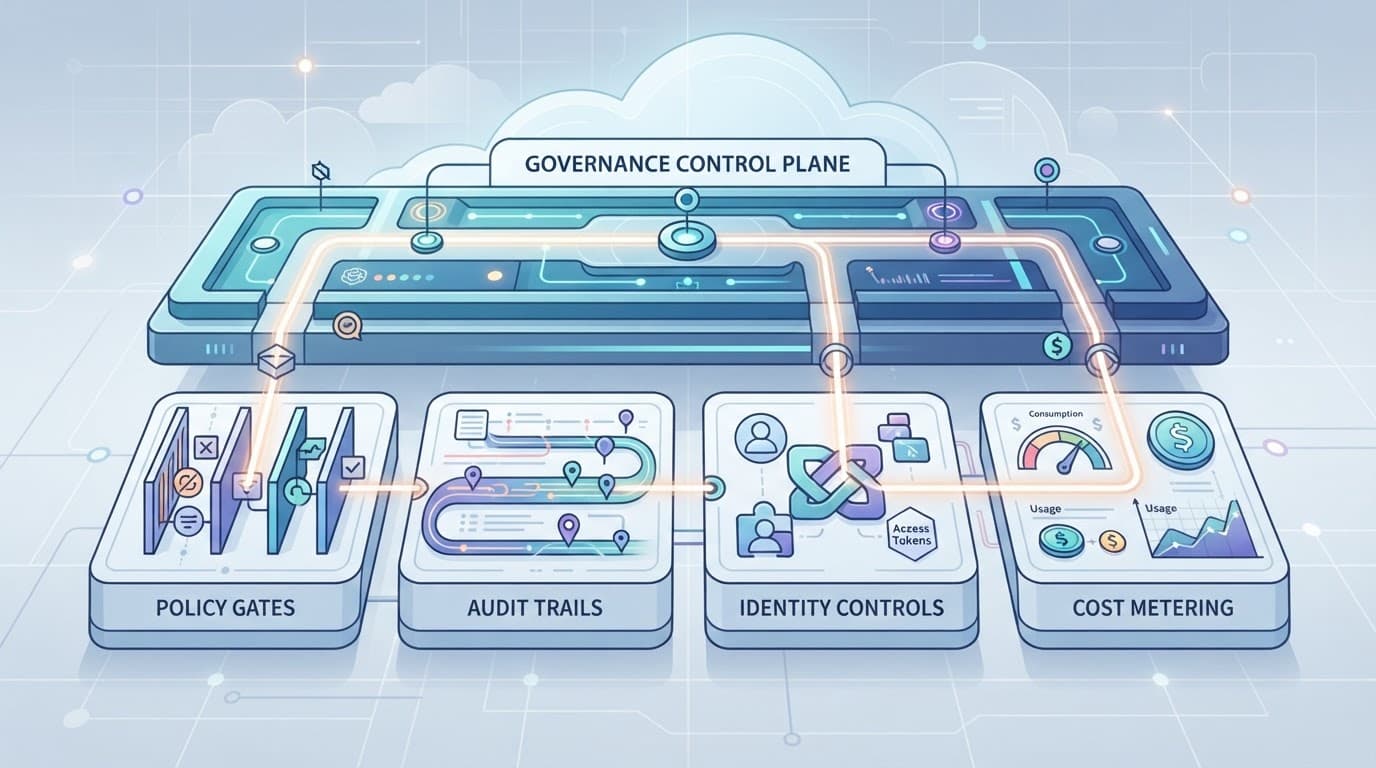 Control plane linking policy, identity, compliance, data, and cloud cost modules.
