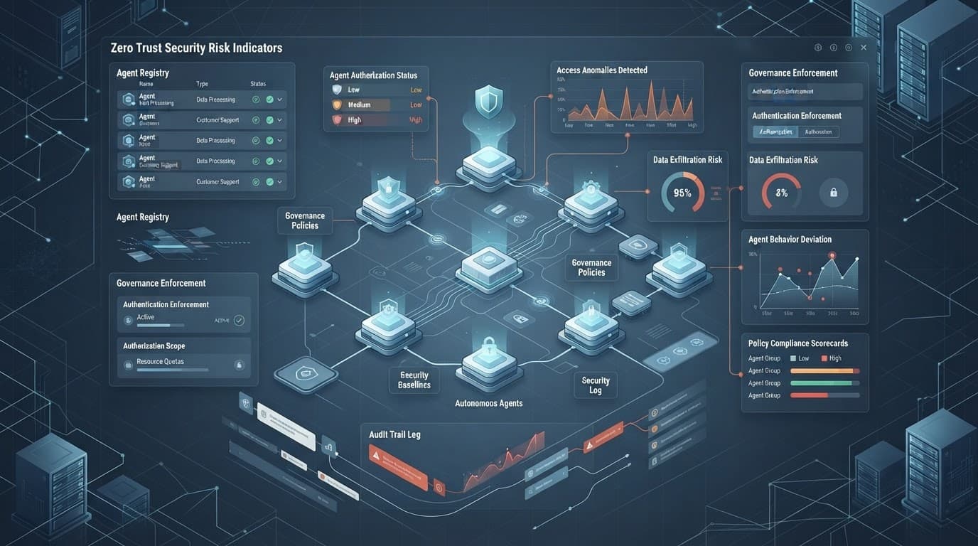 Blue control panel with agent connections, shields, and security risk indicators.