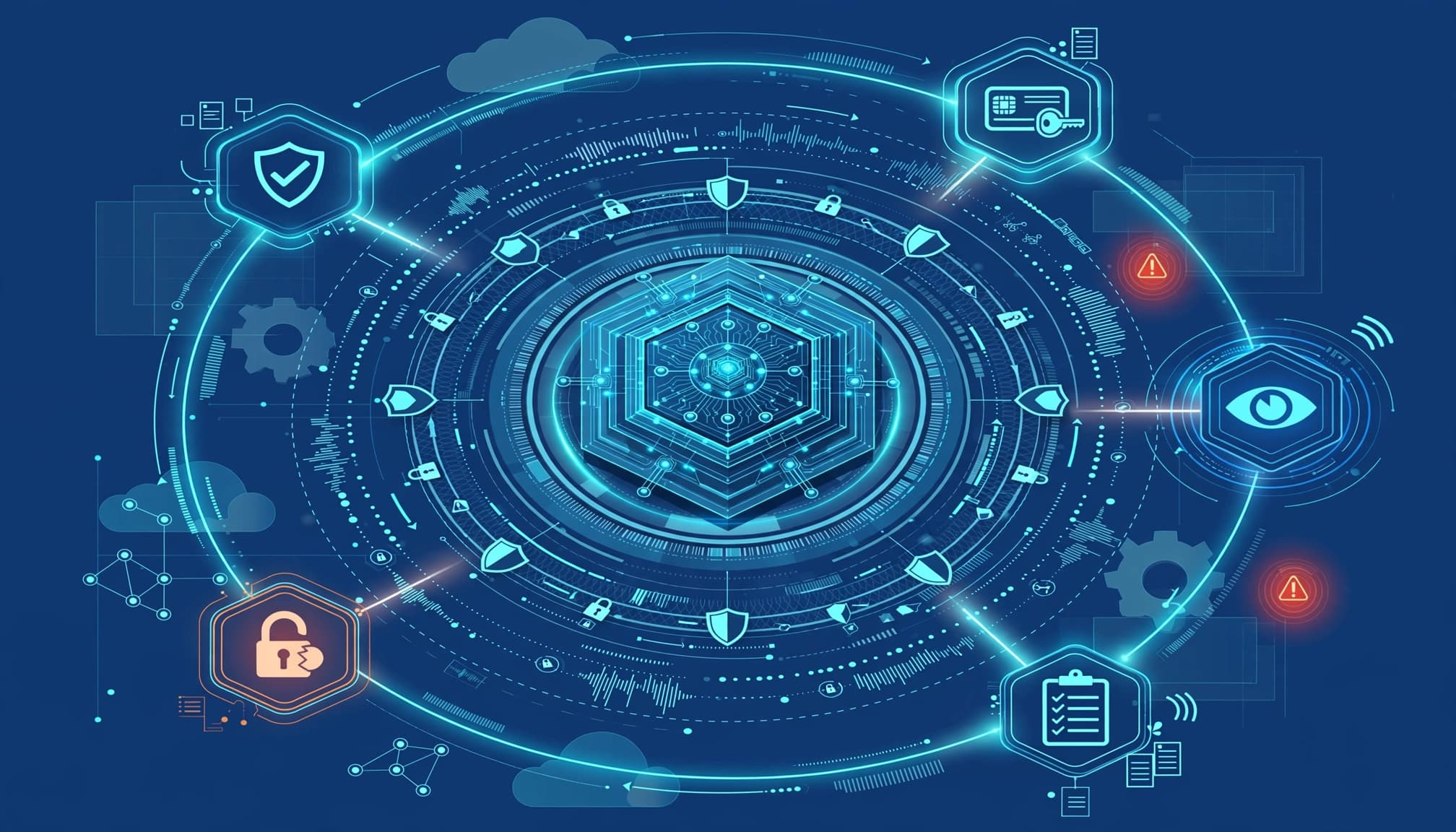 Circular security rings show an agent identity moving through approval, monitoring, review, and revocation.