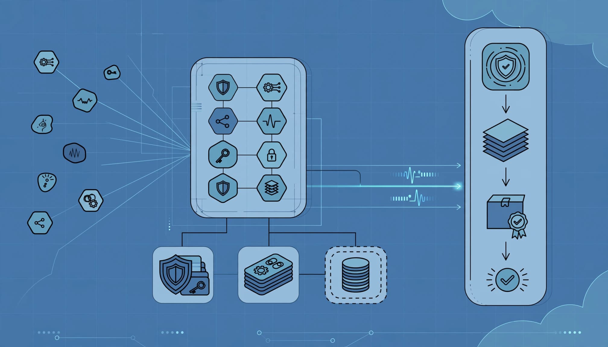 Agent nodes flow into an inventory and monitored approval pipeline.