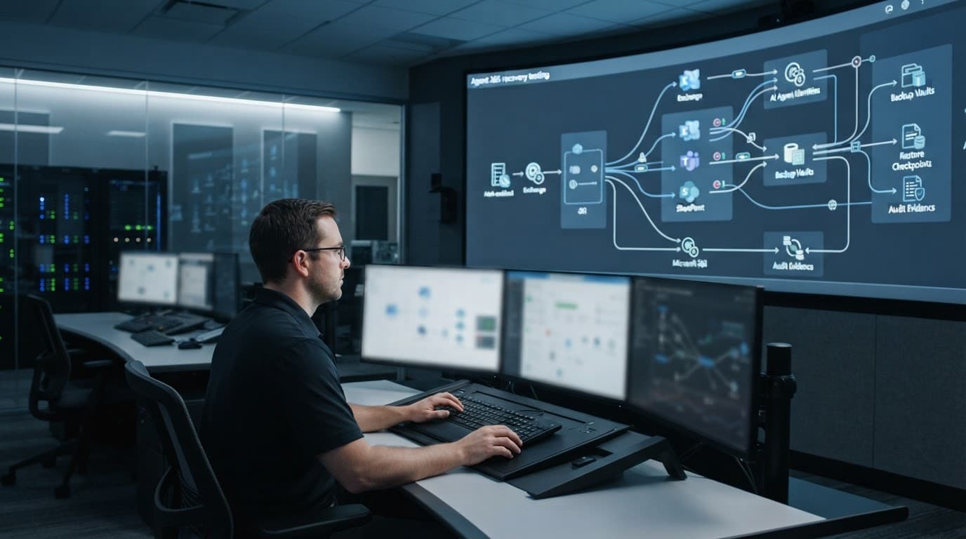 An operator monitors abstract recovery diagrams in a secure network operations center.