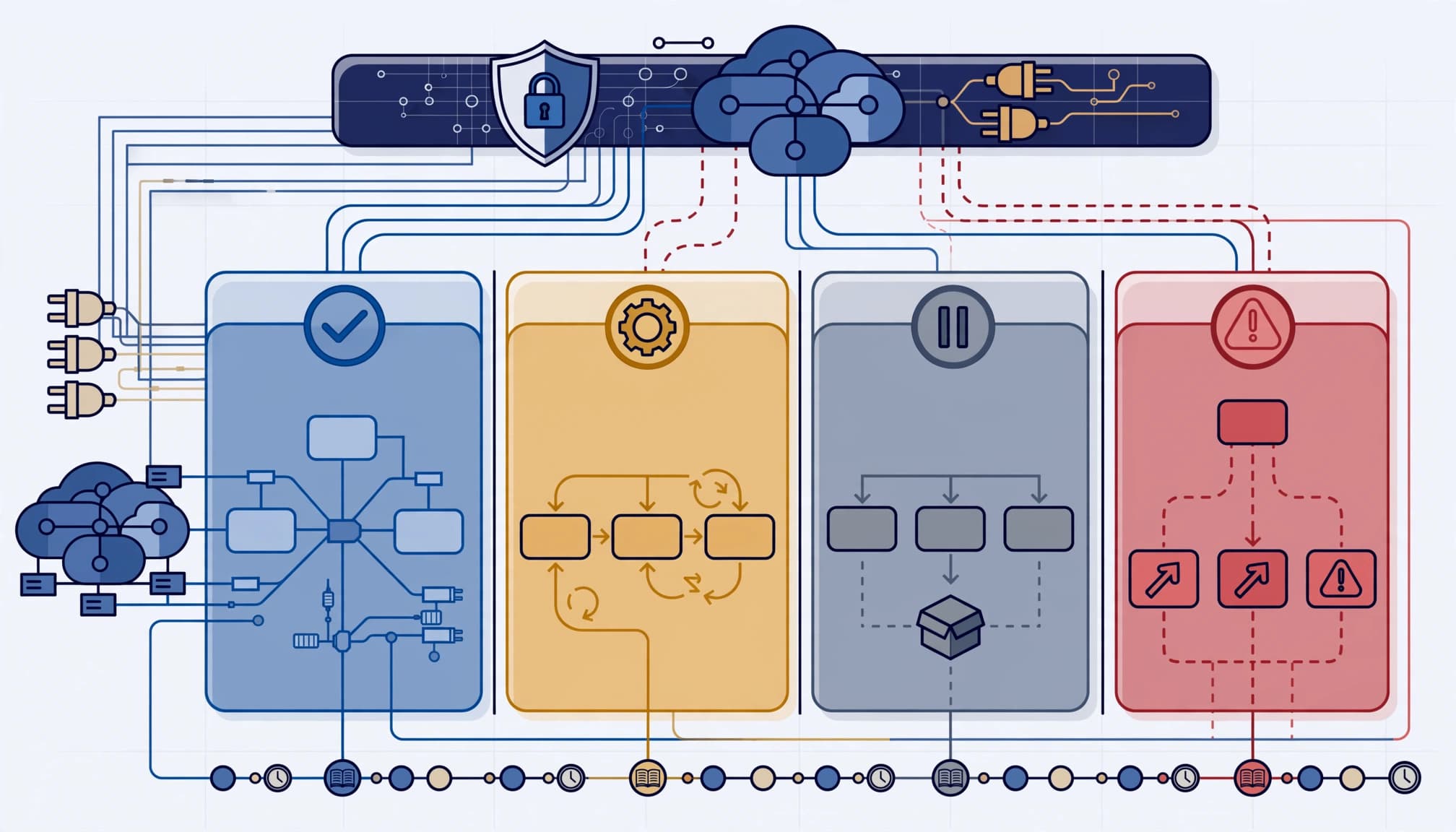 Architecture diagram showing AI agents moving through approval, remediation, retirement, and escalation zones.