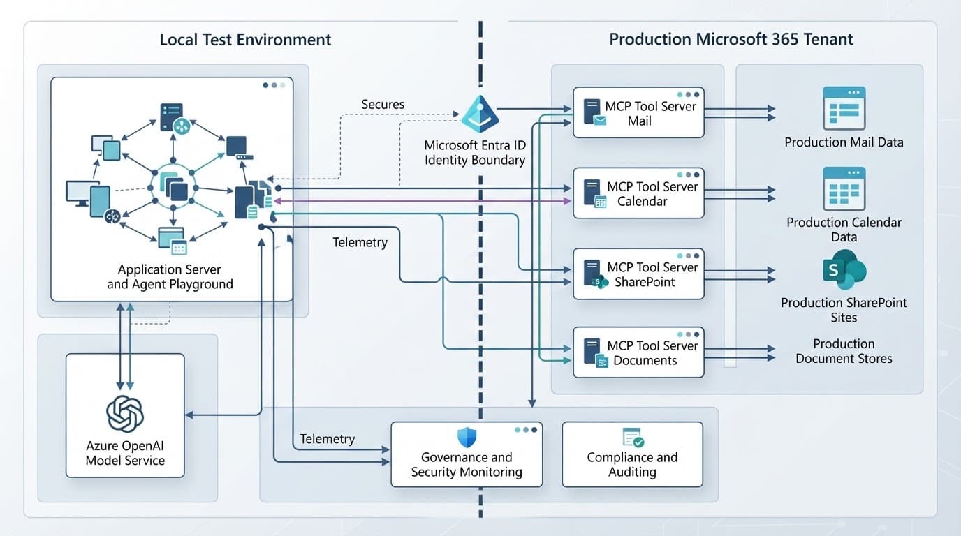 A layered diagram showing local agent testing connected to identity, models, tools, and monitoring.
