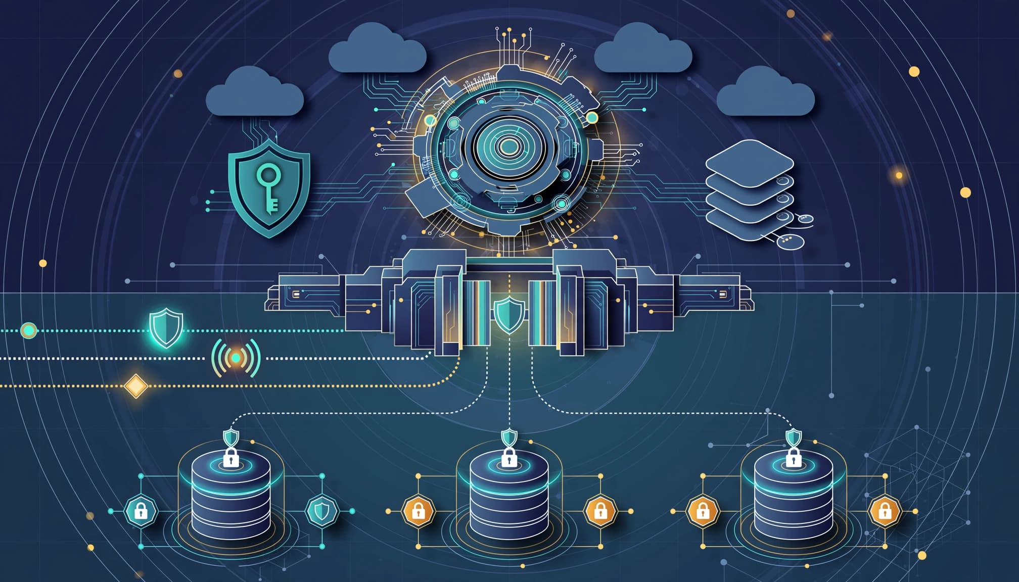A governance hub connects agent paths to security checks, audit records, approval gates, and protected data stores.