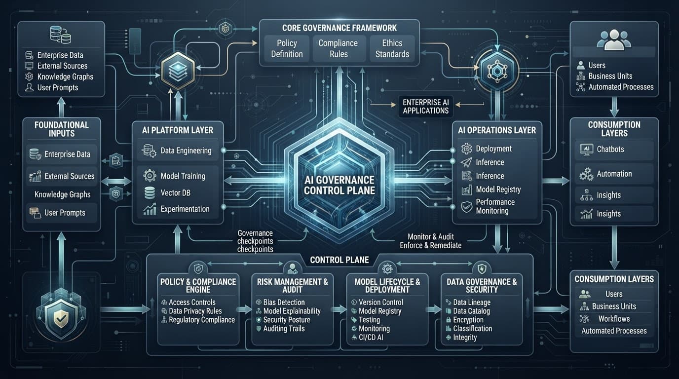 Abstract diagram of connected governance modules and system nodes in blue and charcoal.