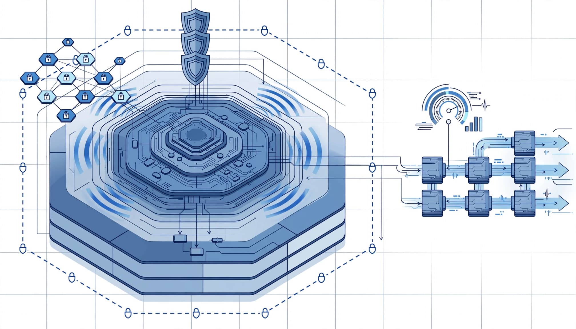 Layered governance architecture with identity, security, monitoring, and separate compute metering.