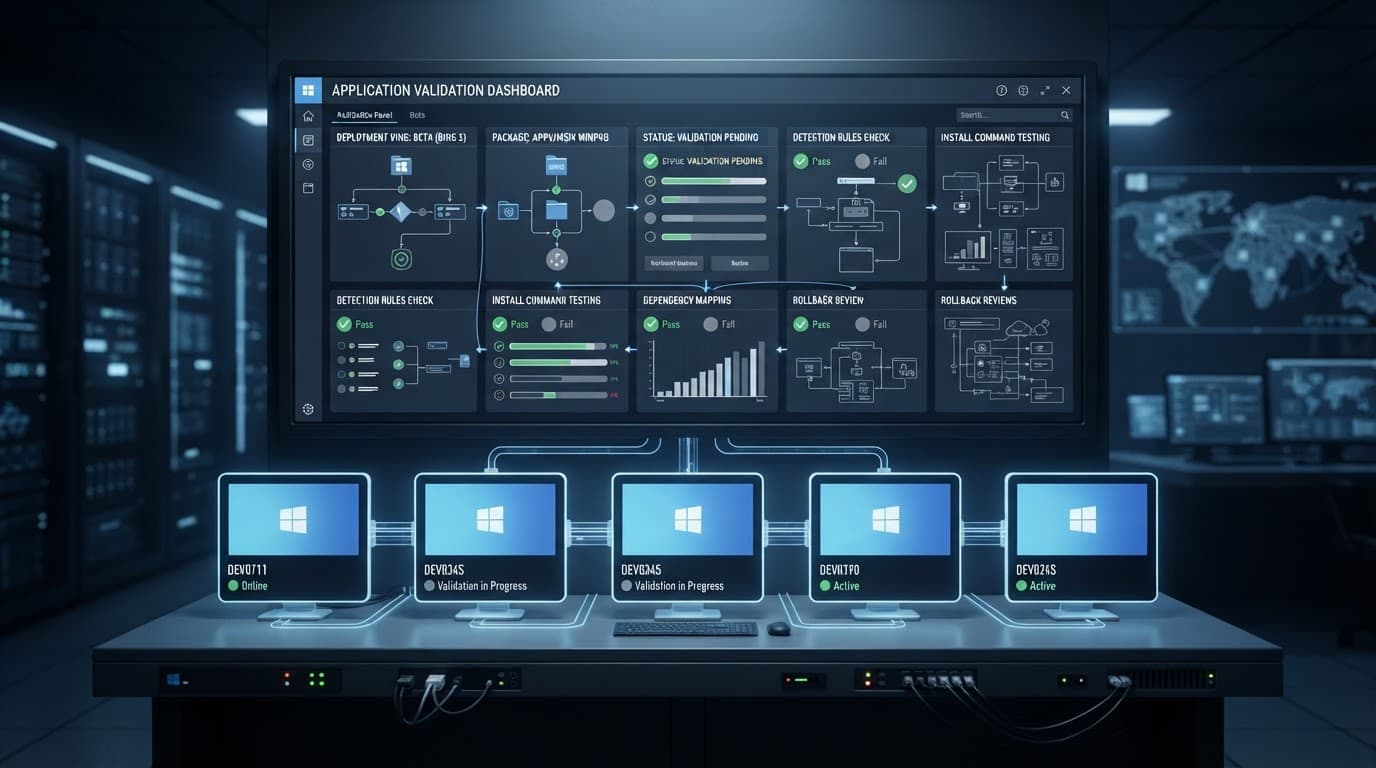 A central deployment panel connects to five endpoint device tiles in a dark technical control room.