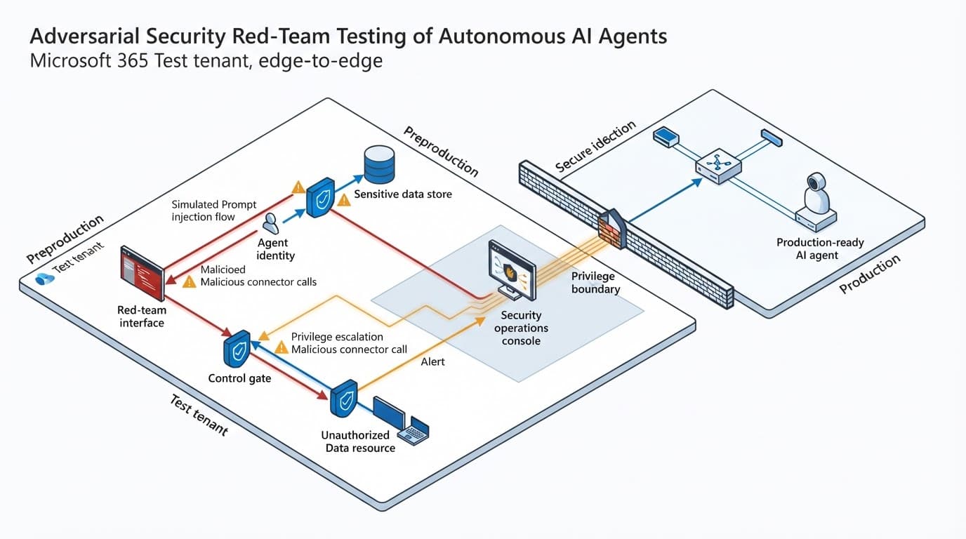 Isometric security testing environment with red attack paths and blue control gates.