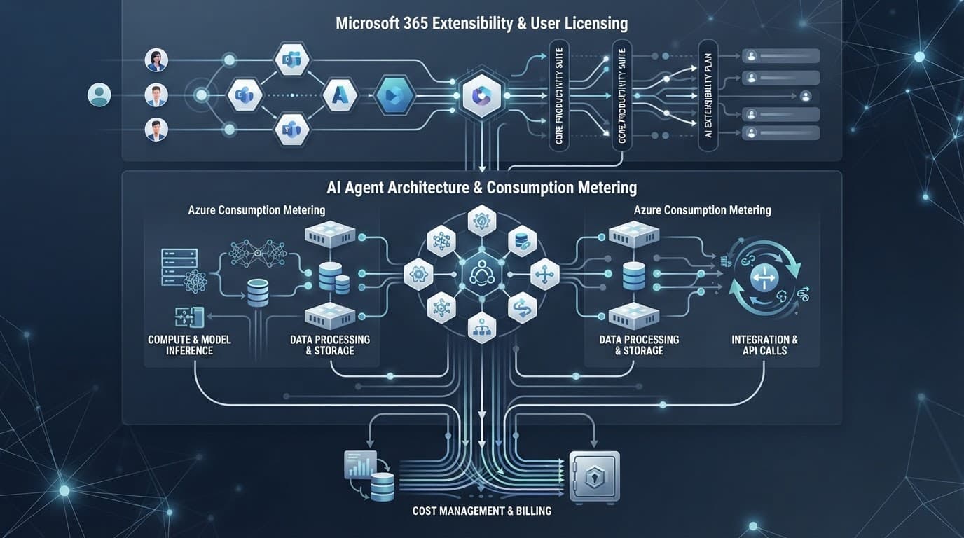 A blue diagram linking Azure usage, Microsoft 365 licenses, and an AI agent hub.