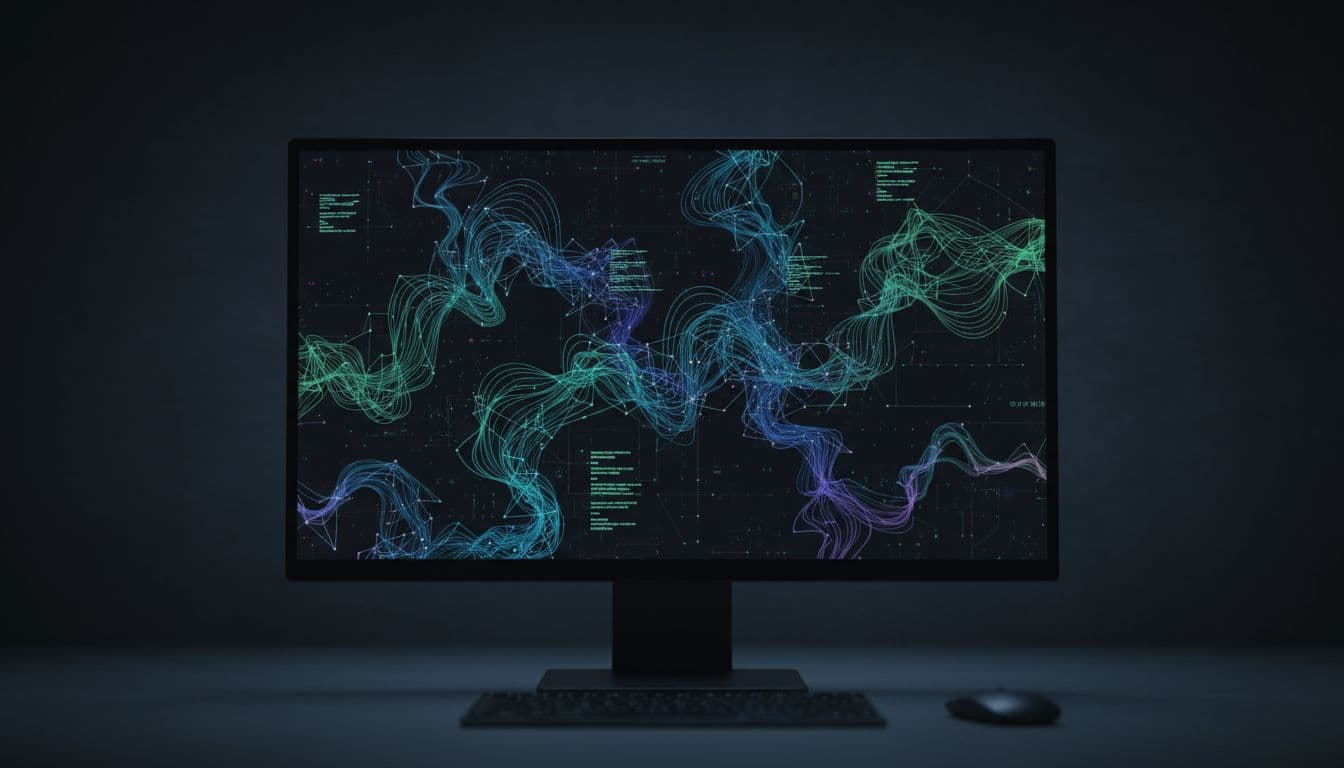 Blurred modern desktop screen with abstract data dashboard lines in dark mode.