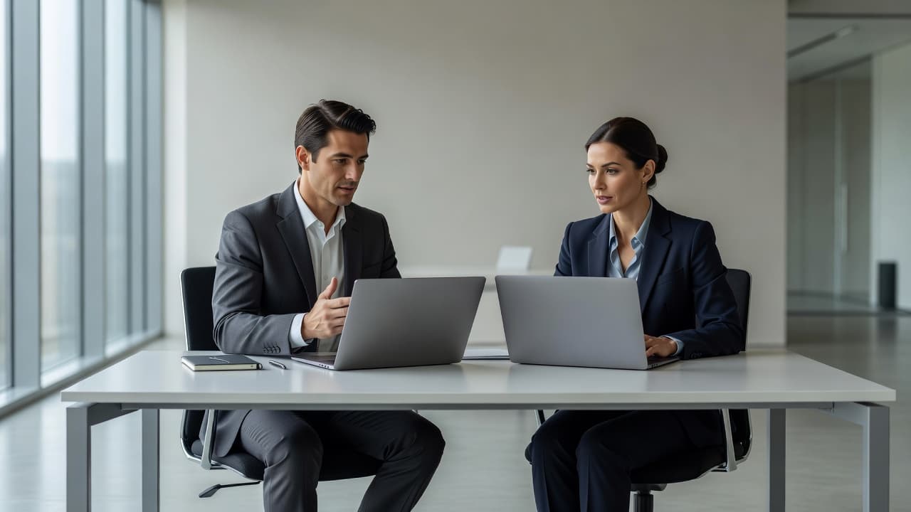Two focused colleagues wearing business attire sit across from each other at a minimalist desk. They use thin laptops to review digital security protocols within a sunlit, contemporary corporate office interior.