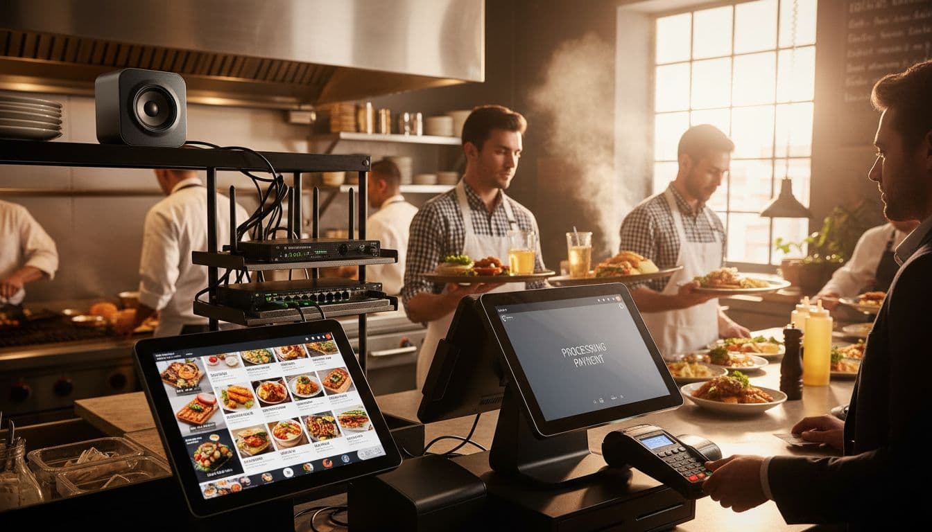 Photorealistic image of a bustling restaurant kitchen counter during lunch rush, with POS terminal processing card payment, online ordering kiosk, and background networking gear including dual WAN router, managed switch, and 5G modem.