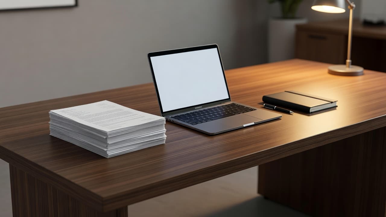 An office desk with business papers, a laptop, and a notebook under warm lighting.