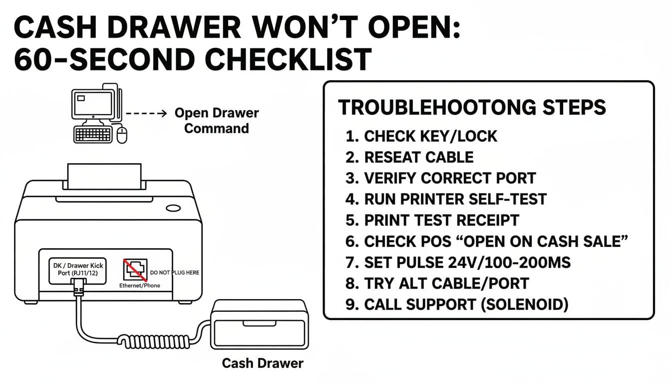 Clean, printable black-and-white technical infographic for restaurant staff, featuring labeled printer ports, cash drawer cable connections, POS signals, and a numbered 60-second troubleshooting checklist.
