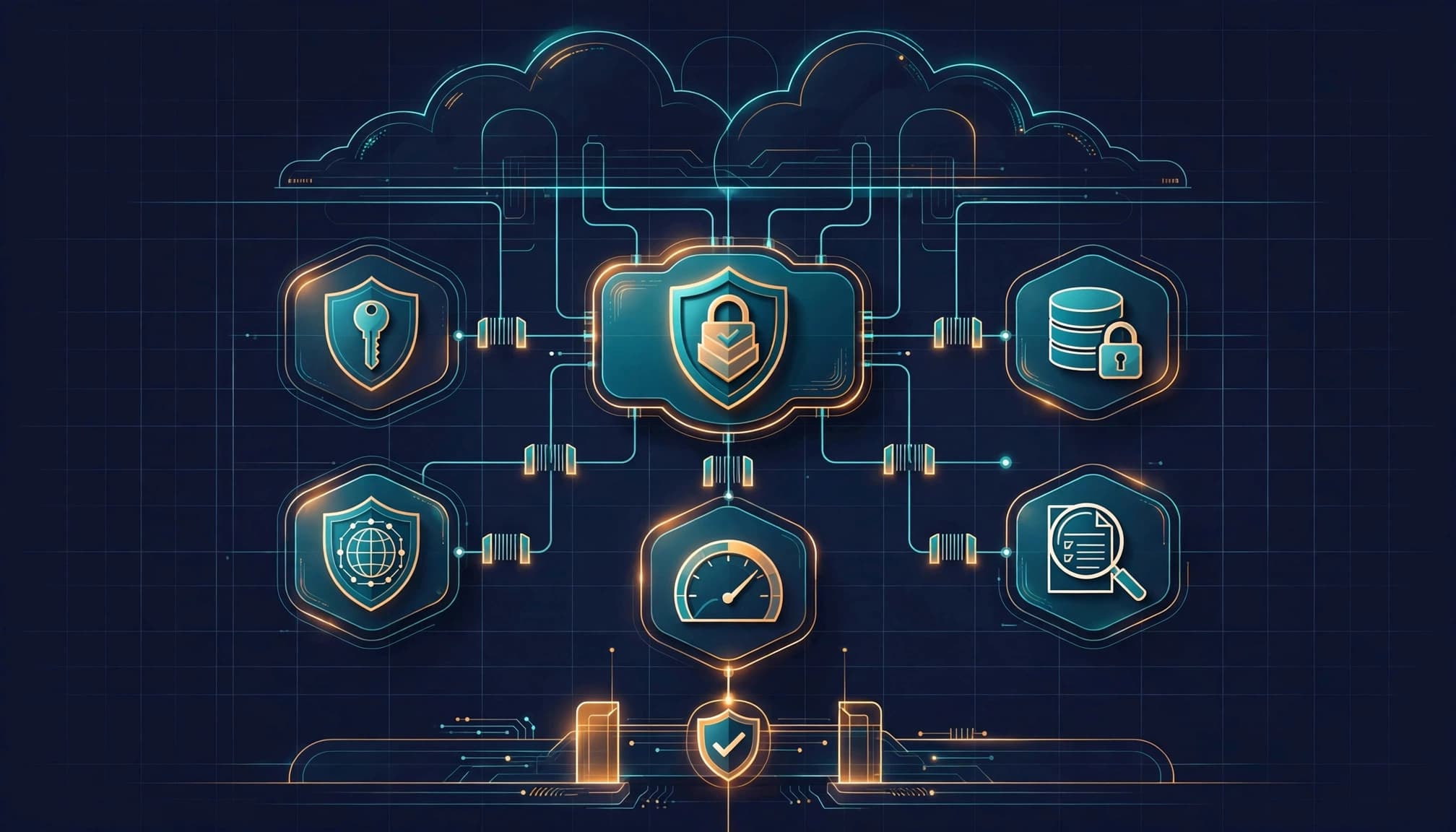 A central cloud control hub connects security, access, auditing, and cost monitoring layers.