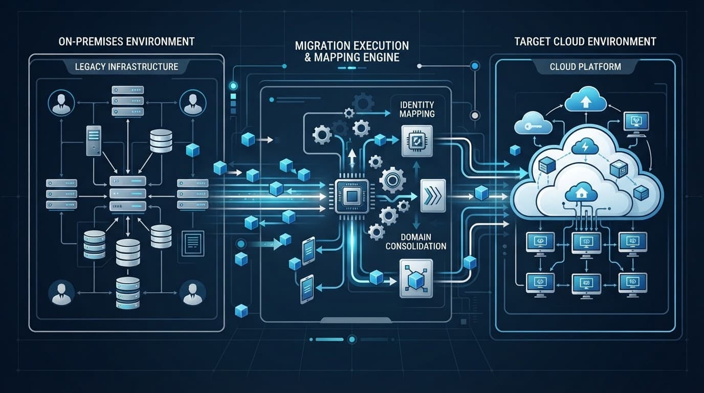 Blue cloud systems linked by data pathways for identity migration.