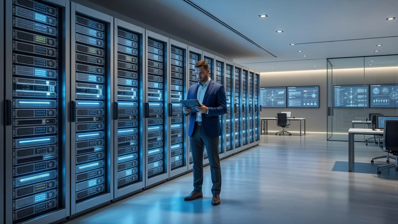 A lone technician monitors glowing server racks in a high-tech security operations center.