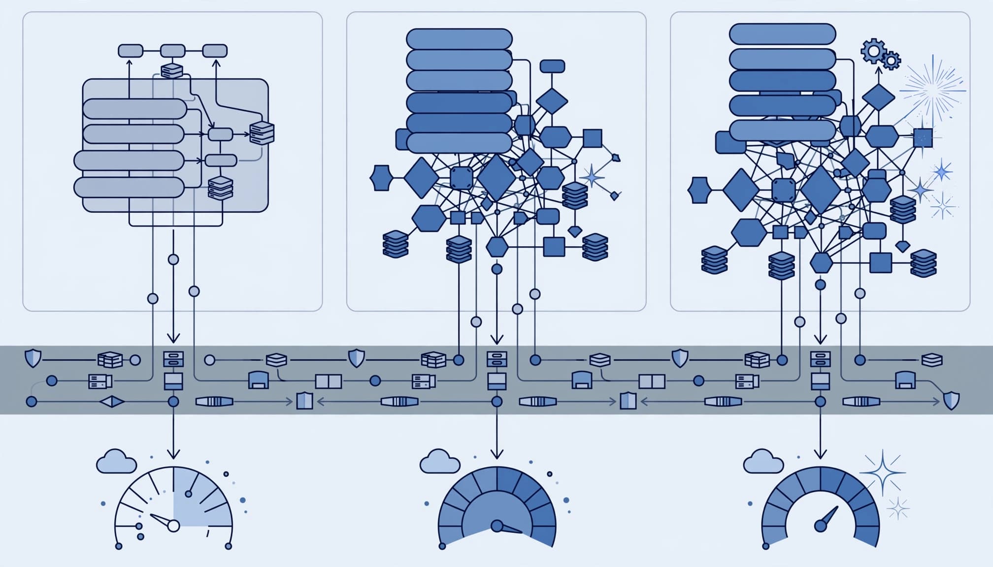 Three licensing pathways connect to shared governance and separate cloud cost meters.