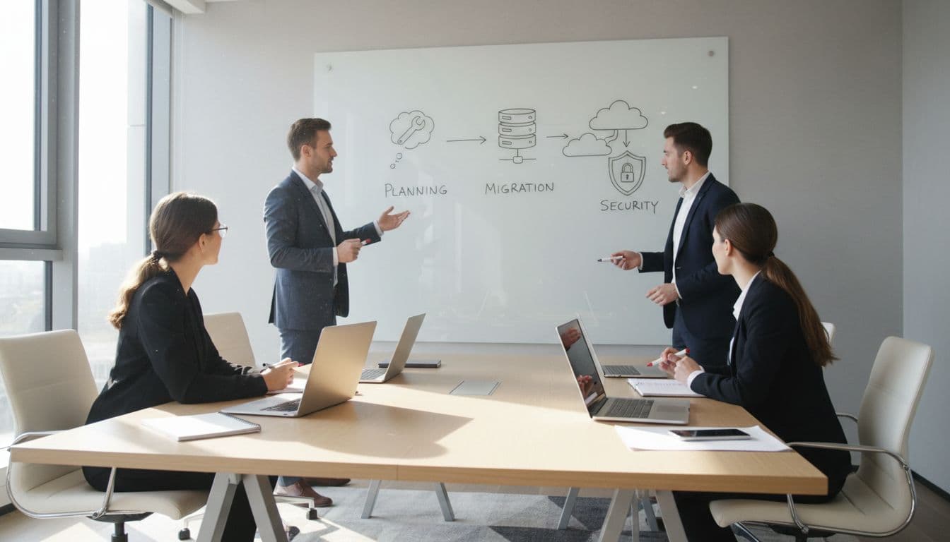 A professional team of four in a modern conference room collaborates on cloud migration planning using a large whiteboard with simple phase icons like planning, setup, migration, and security. Two stand and two sit at a table with laptops under natural daylight, realistic style with no text or extra elements.