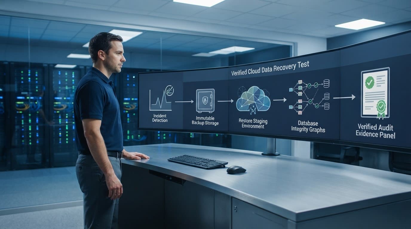 An IT operator monitors cloud recovery, isolated backups, and data integrity checks.