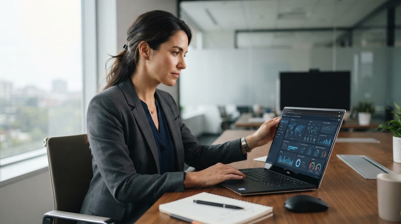 IT security professional reviewing a cloud dashboard on a laptop in a modern office.