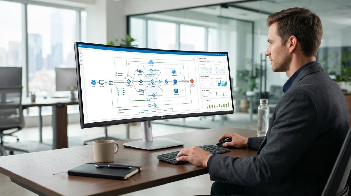 A monitor showing cloud infrastructure and network security connections in a modern office.