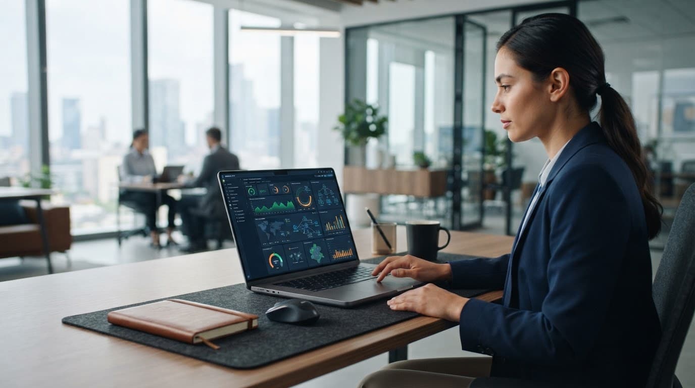 A laptop showing cloud security graphs on a clean office desk.