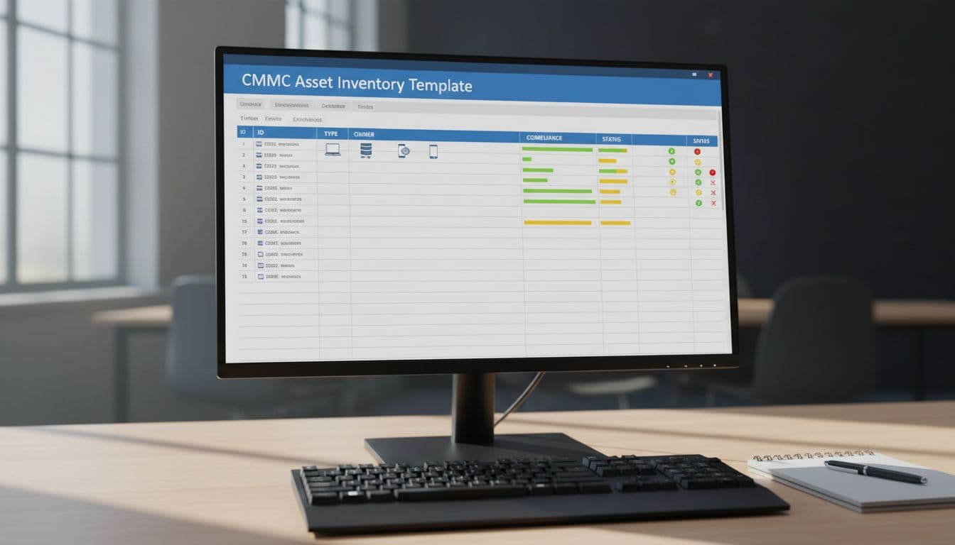 Desktop computer screen in a quiet office displaying an open spreadsheet with a populated asset inventory table featuring columns for ID, type, owner, and compliance status filled with sample icons and bars, keyboard and notepad nearby, realistic style with natural light.
