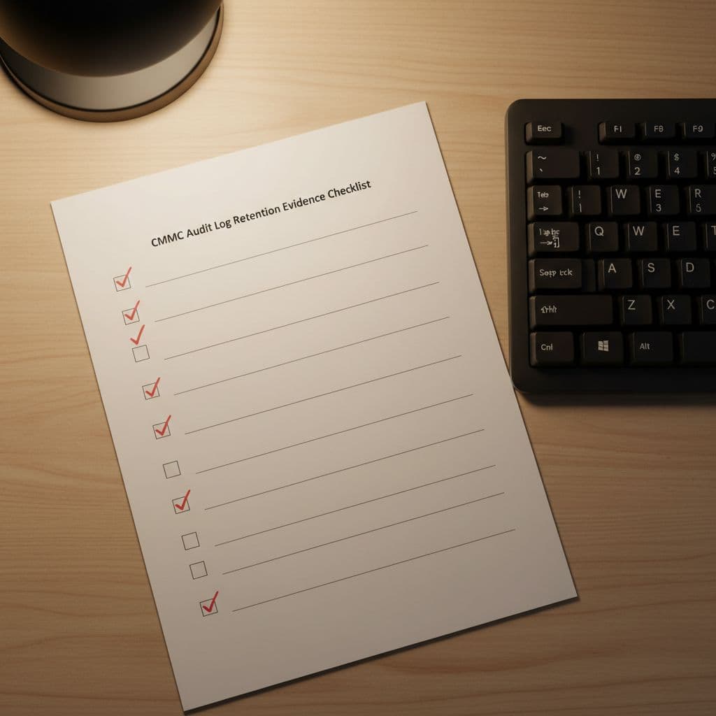 Close-up top-down photorealistic view of a paper checklist with marked compliance audit log retention items next to a computer keyboard, illuminated by a warm desk lamp, focused and simple composition.