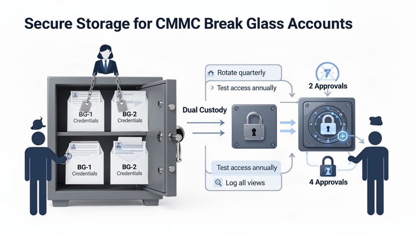 Professional flat vector infographic illustrating secure storage of CMMC break glass accounts using a physical safe with dual custodian-held credentials envelopes and a digital vault requiring two approvals, including rules for quarterly rotation, annual testing, and logging all views.
