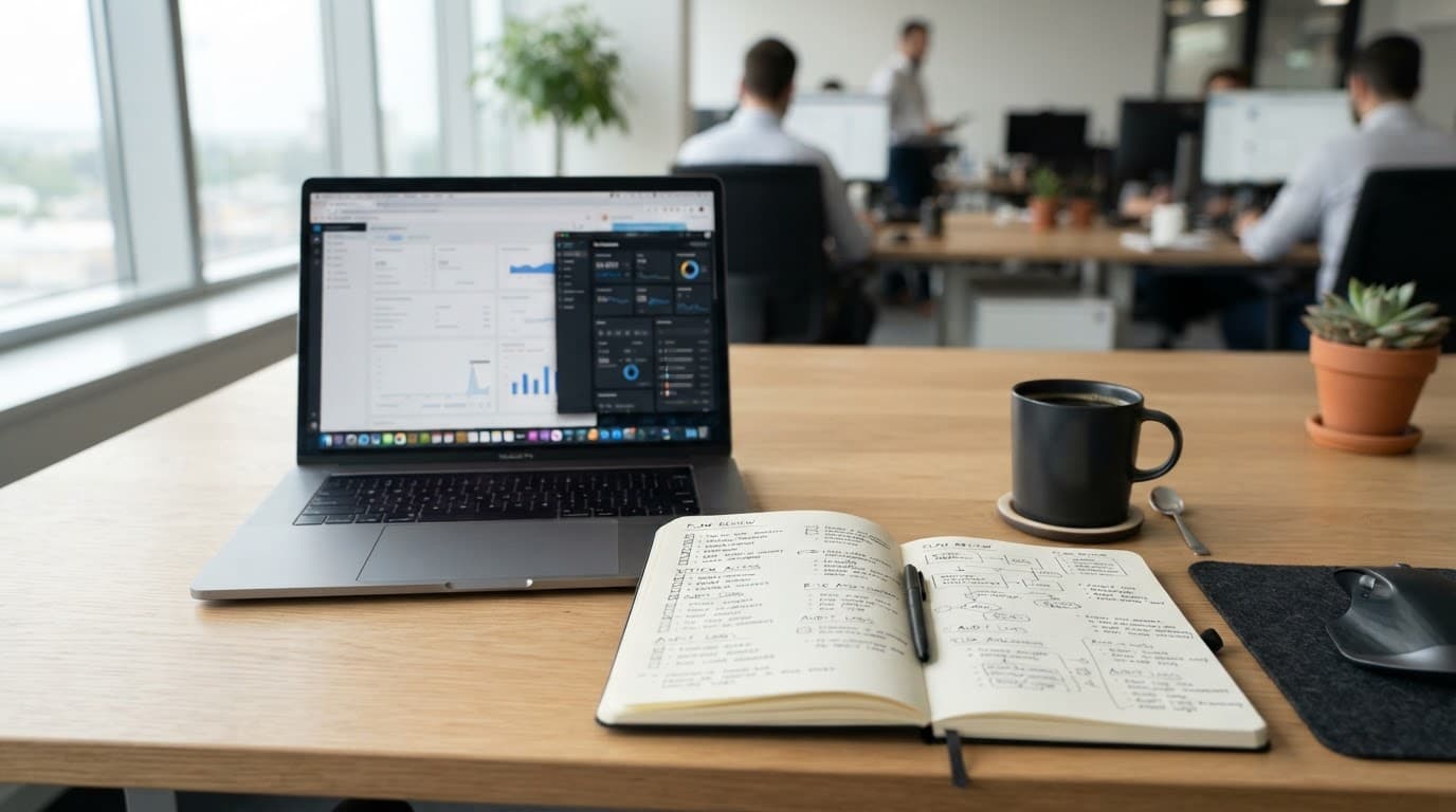 Laptop, compliance notebook, and coffee cup on a modern office desk.