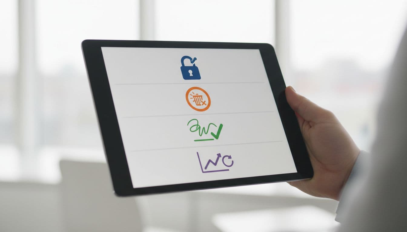 A digital tablet screen held by one partially obscured hand in an office setting displays a checklist with icons for encryption lock, remote wipe button, user agreement signature, and logging graph in simple modern flat design with bright lighting and no readable text.