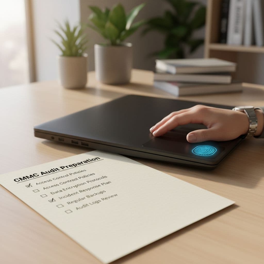 Compliance checklist on paper next to a locked laptop with fingerprint scanner in an office setting, one hand resting nearby, photorealistic under soft natural light, no text visible.