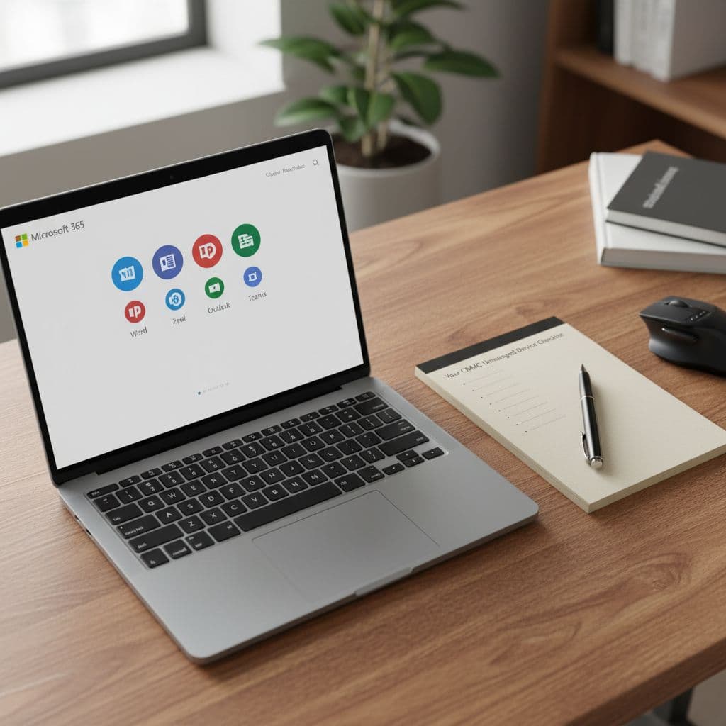 Notepad beside laptop with Microsoft 365 icons on wooden home office desk.