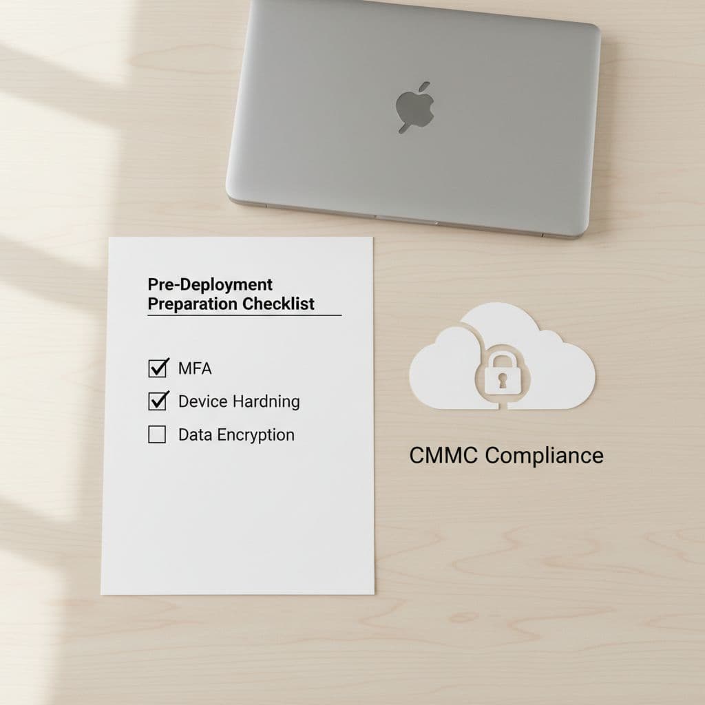 Minimalistic top-down view of a paper checklist with checked items like MFA and device hardening next to a secure laptop and cloud icon, representing CMMC compliance in bright natural light.