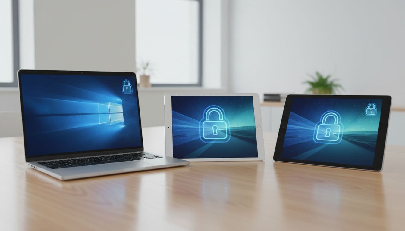 Windows laptop, iPad, and Android tablet arranged on an office desk with subtle digital lock icons overlay, symbolizing CMMC compliant enrollment restrictions in a clean modern photorealistic style.