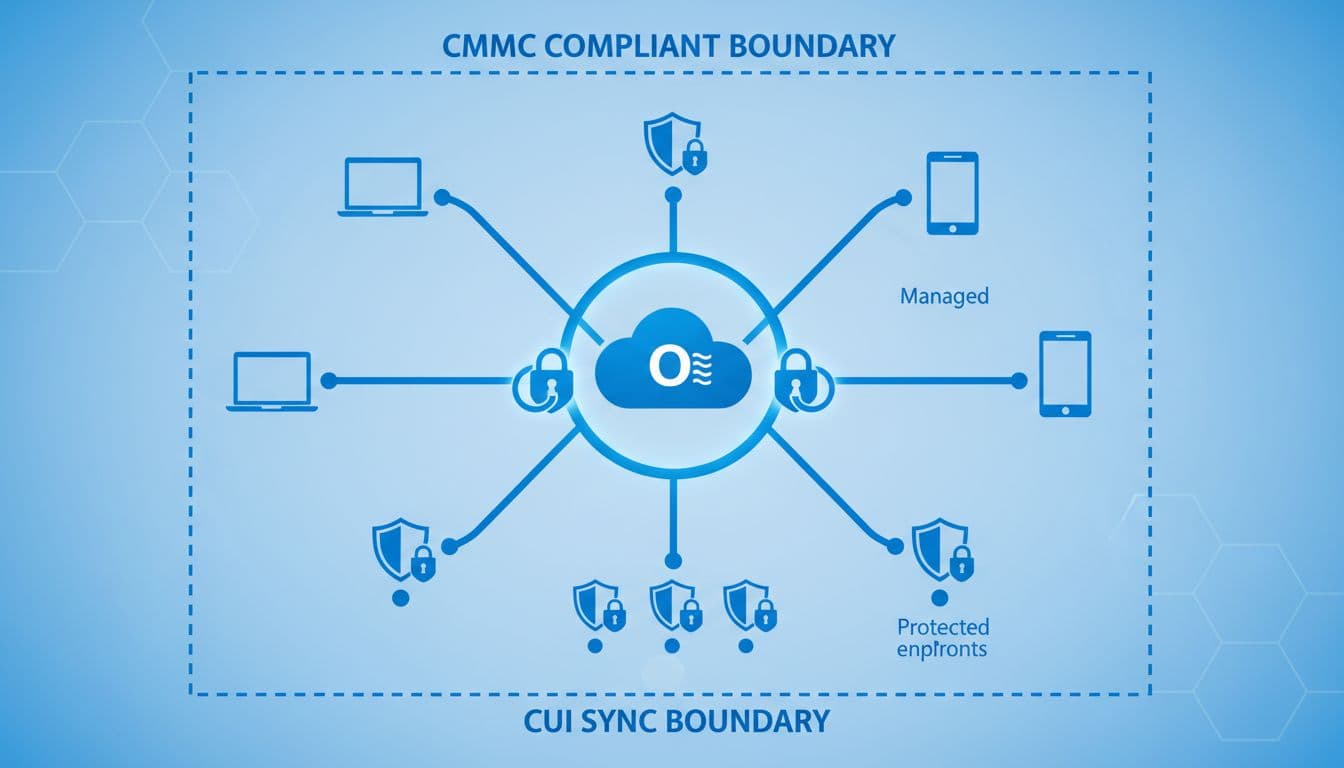 Diagram-like illustration of a secure cloud architecture with OneDrive in the center connected to managed devices via shields and locks, endpoints protected, clean vector style in blue tones.
