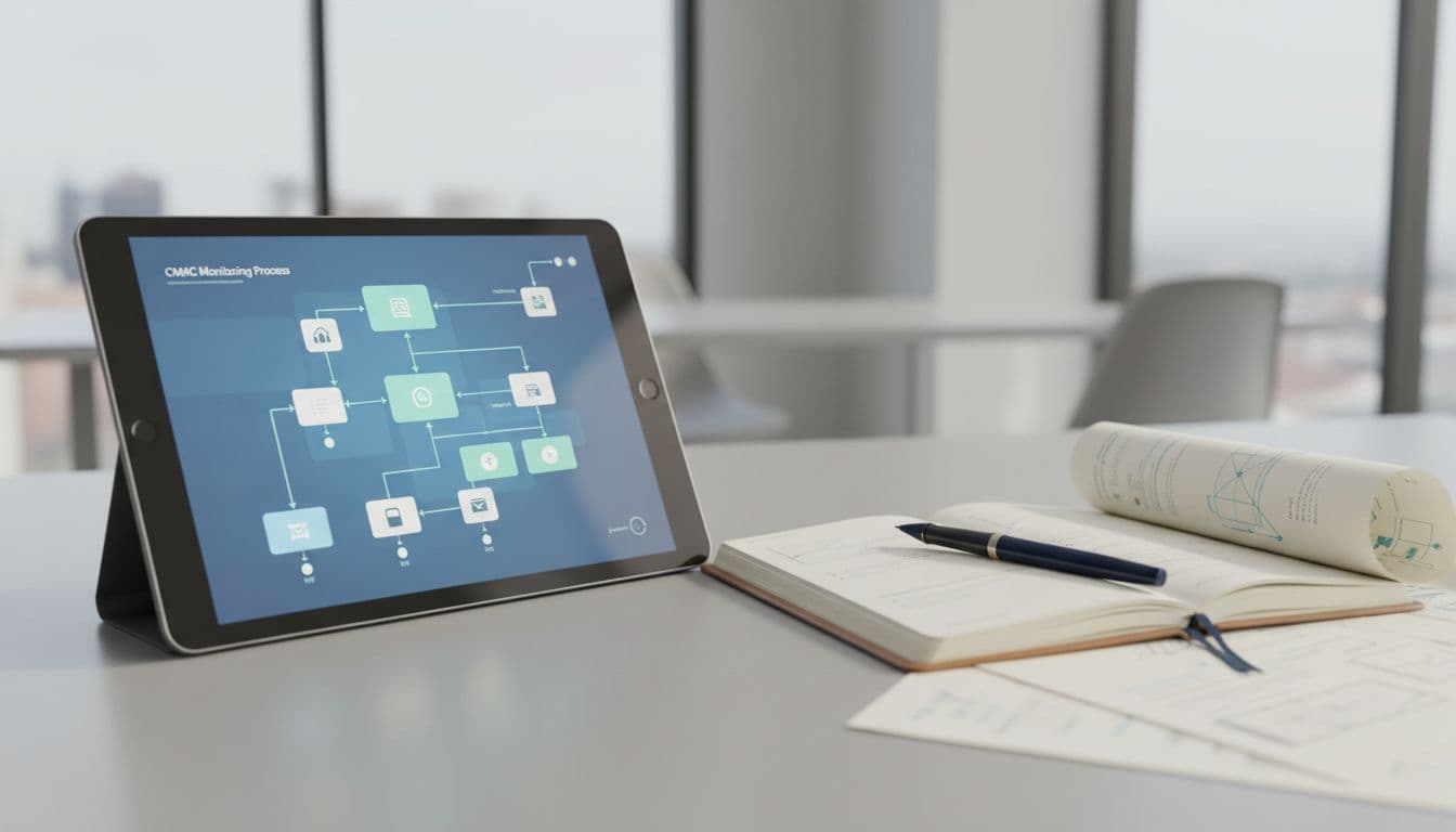 Close-up of a professional workspace with a tablet displaying an abstract flowchart of the CMMC monitoring process, a notebook with pen, and a printed policy document, set against a blurred modern office background with soft natural lighting.