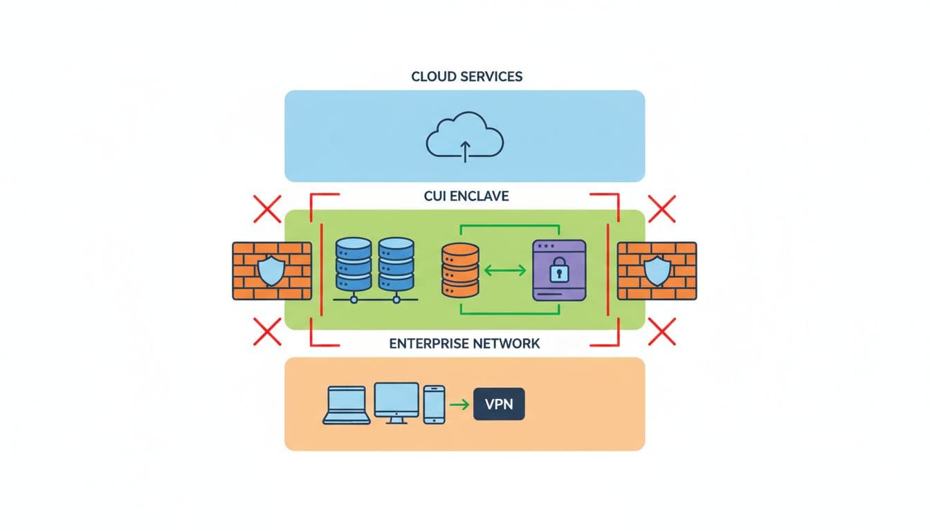 Secure network diagram illustrating segmented CUI environment with firewall rules blocking unauthorized access, using simple icons for servers, VPN, cloud, and endpoints in a minimalist technical style.